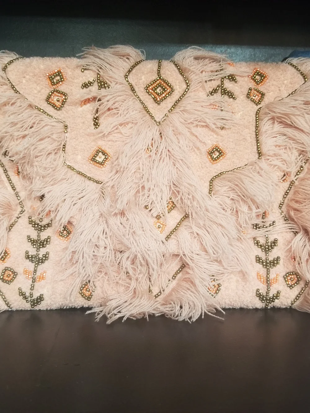 Boho Blush  Feathered Dec Beaded Clutch With Accents